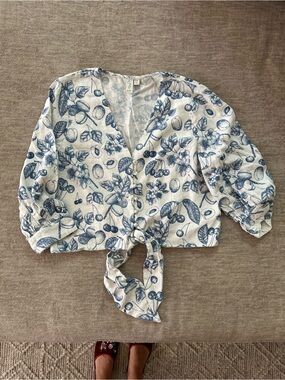Joie Blue Botanical Toile Linen Blend Top